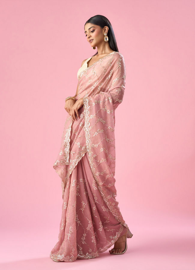 Mohey Women Pink Tissue Saree with Hand Embroidery
