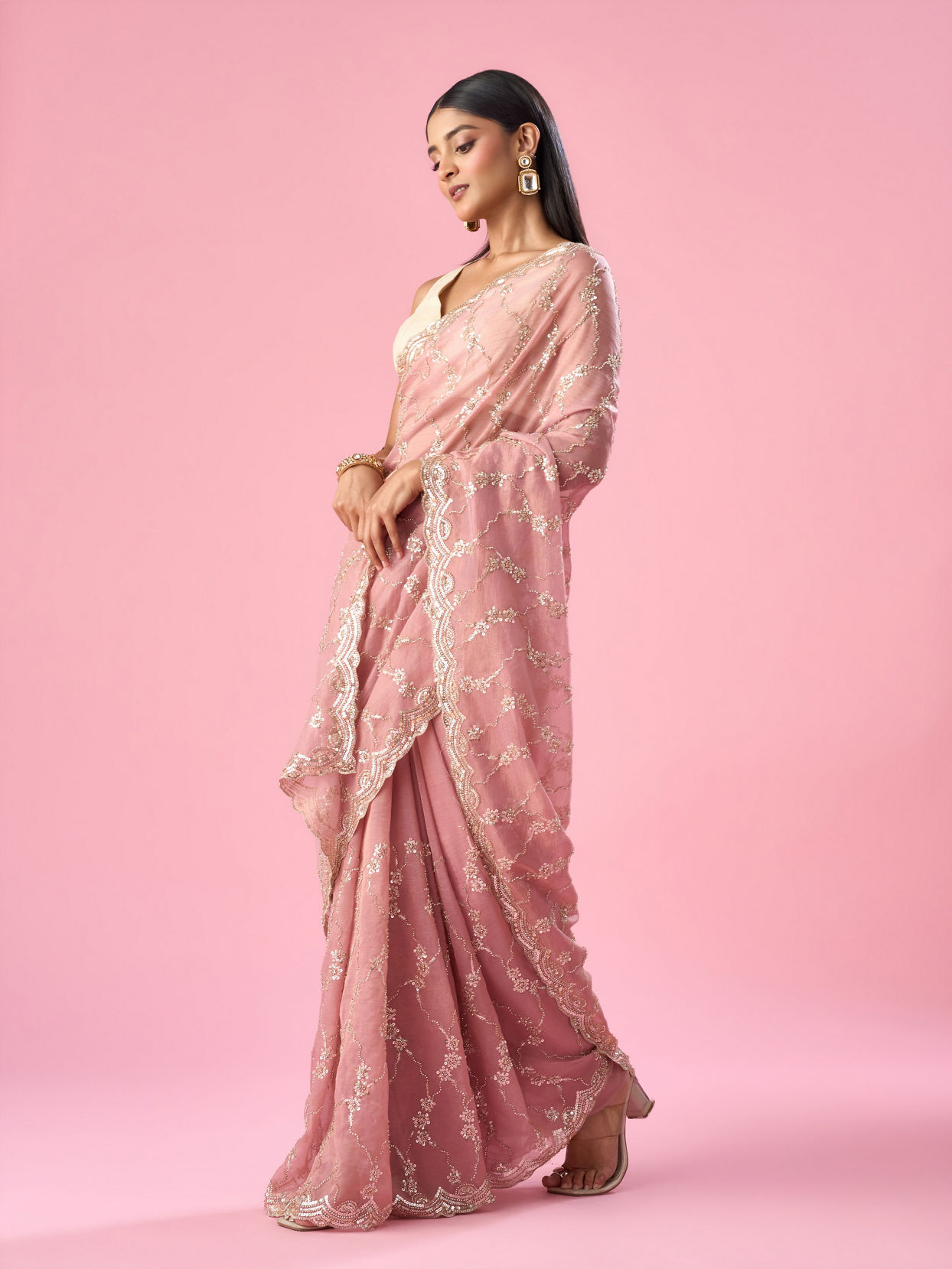 Mohey Women Pink Tissue Saree with Hand Embroidery