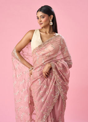 Mohey Women Pink Tissue Saree with Hand Embroidery