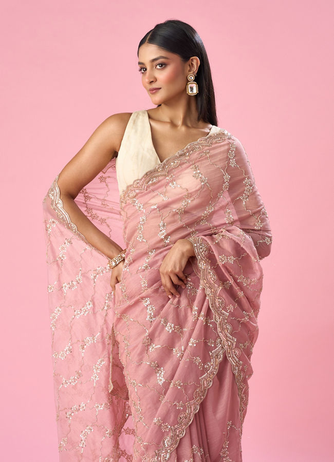 Mohey Women Pink Tissue Saree with Hand Embroidery