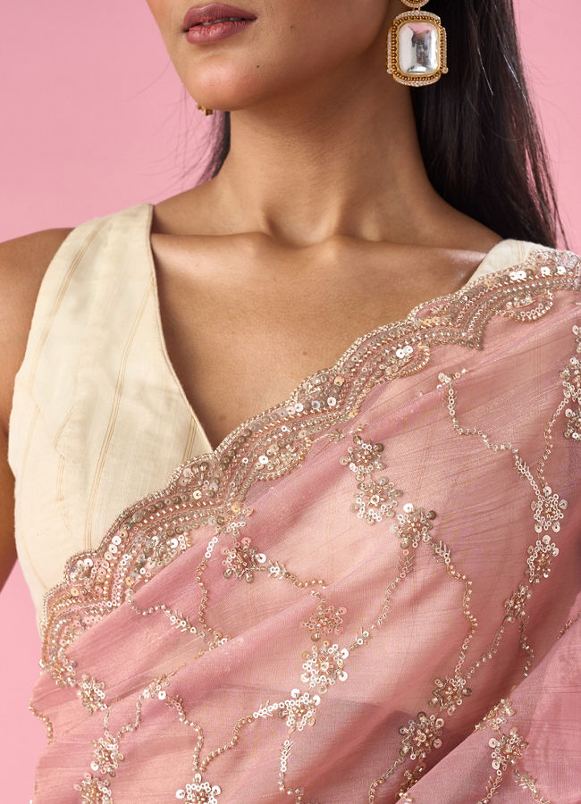 Mohey Women Pink Tissue Saree with Hand Embroidery