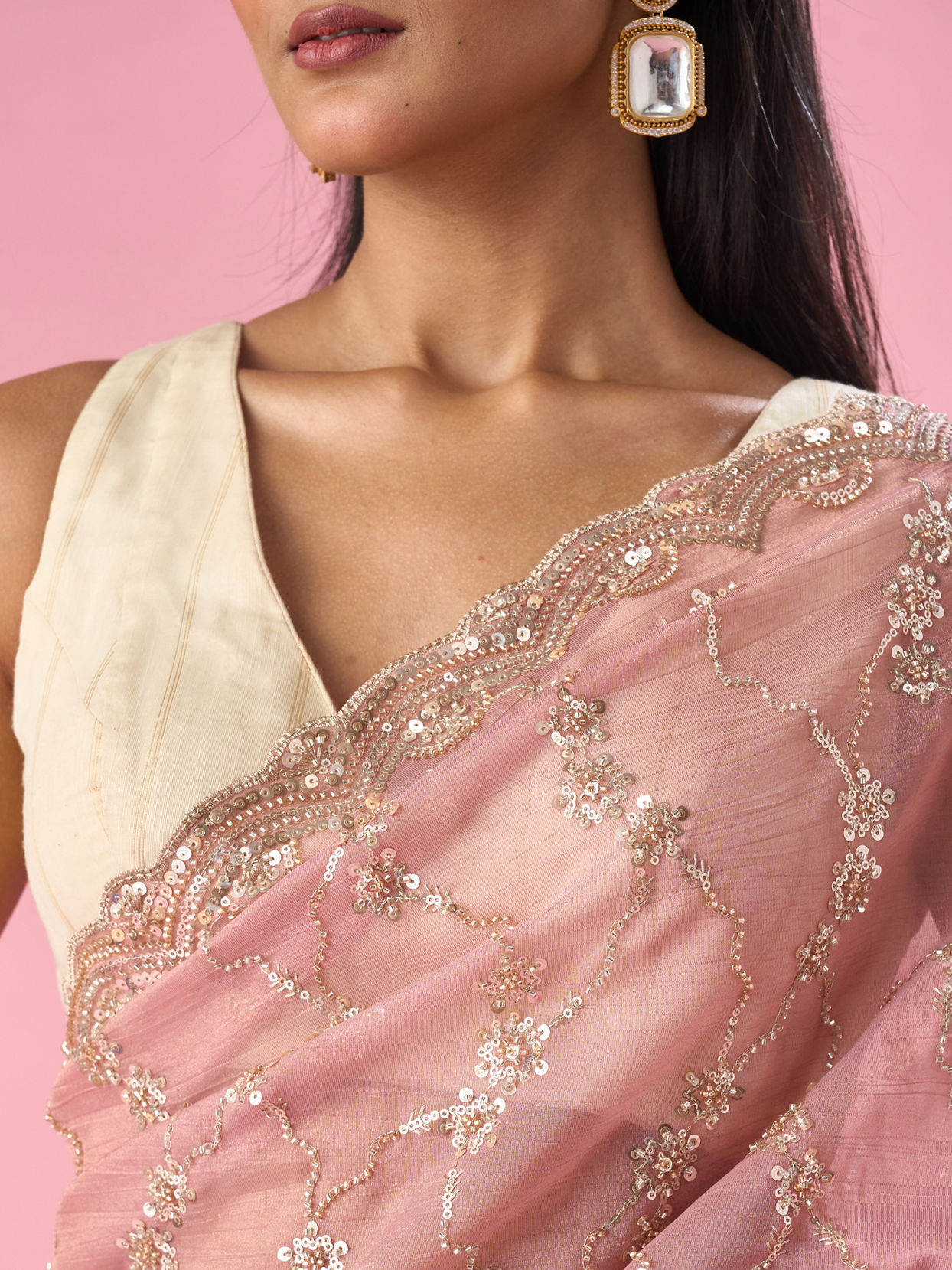Mohey Women Pink Tissue Saree with Hand Embroidery