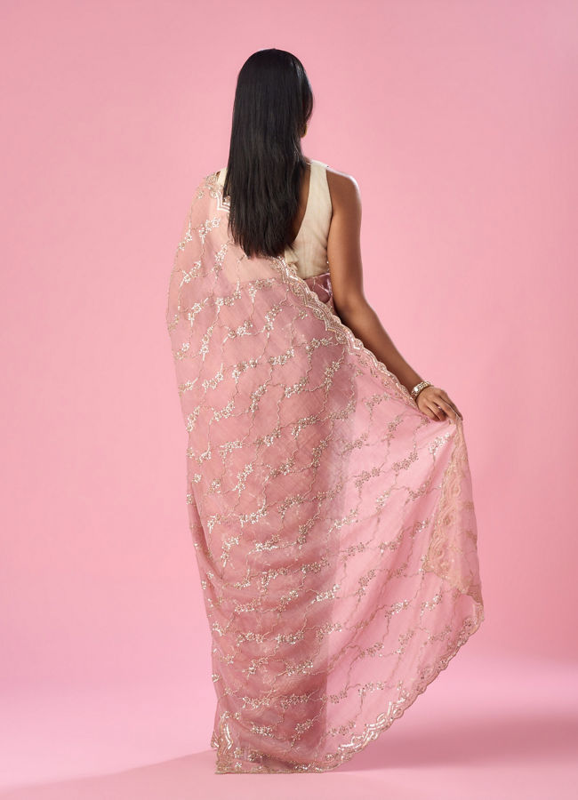 Mohey Women Pink Tissue Saree with Hand Embroidery