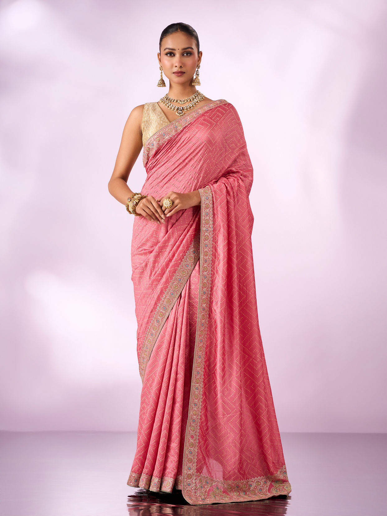 Mohey Women Pink Silk Saree with Stone Work