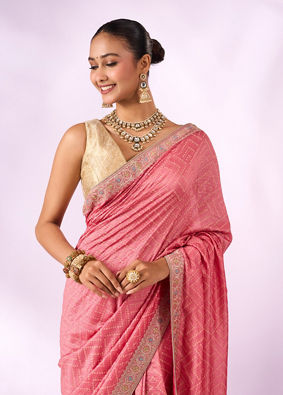 Mohey Women Pink Silk Saree with Stone Work