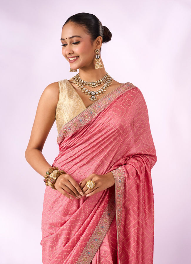 Mohey Women Pink Silk Saree with Stone Work