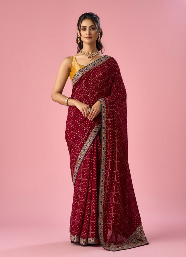 Mohey Women Maroon Art Silk Saree with Stone Work