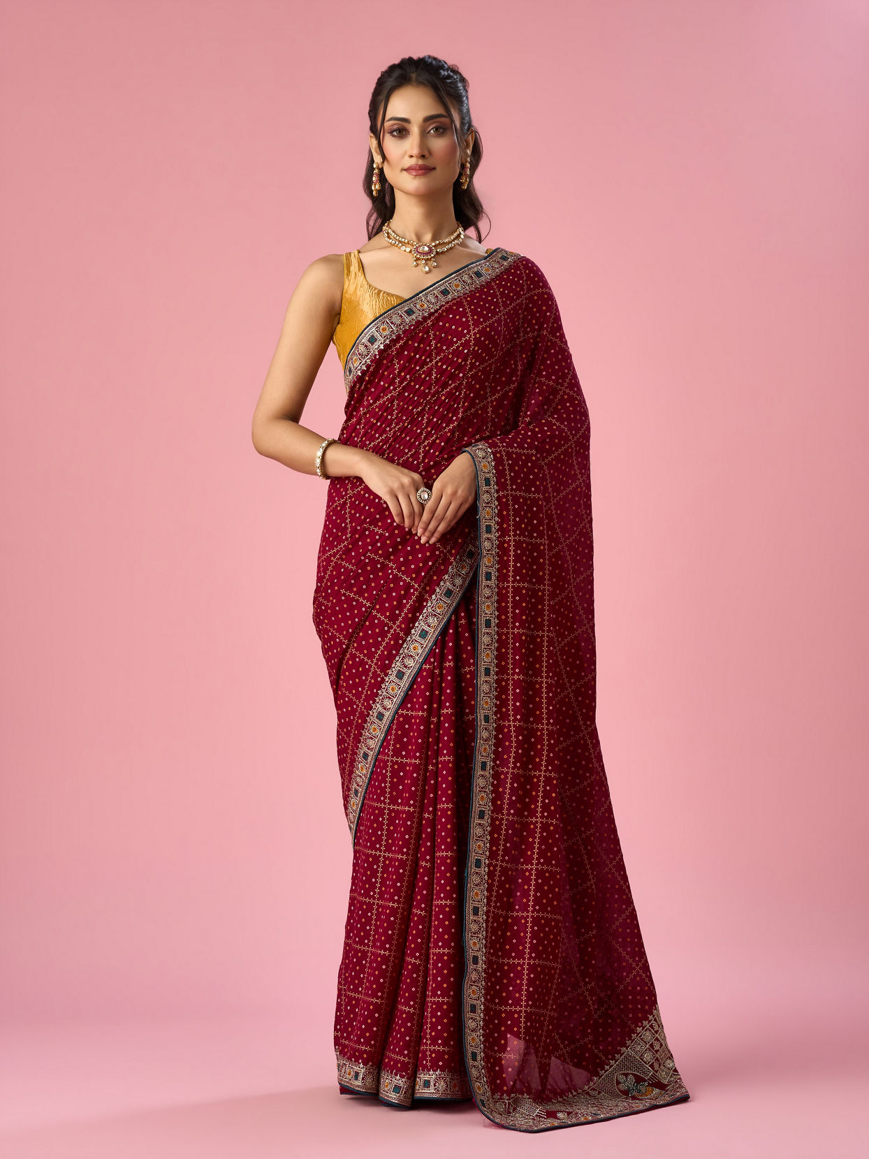 Mohey Women Maroon Art Silk Saree with Stone Work