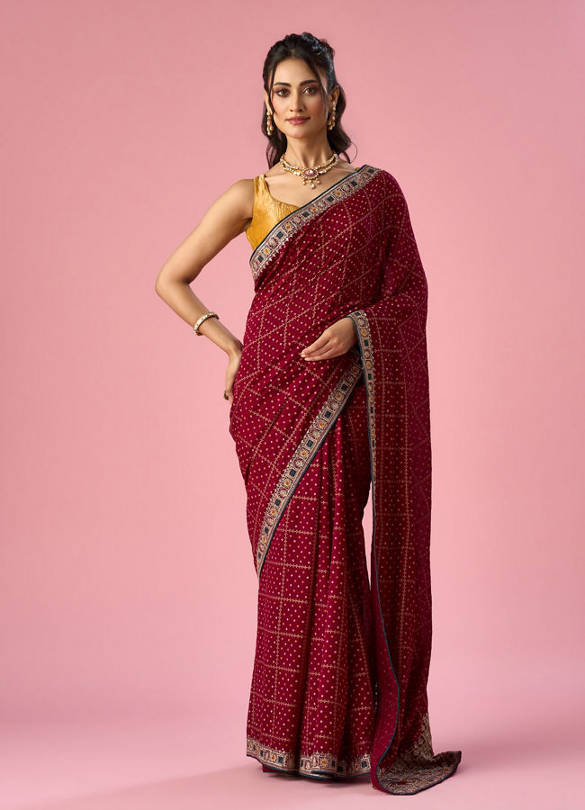 Mohey Women Maroon Art Silk Saree with Stone Work