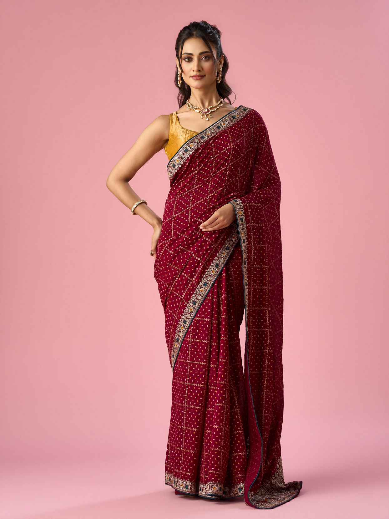 Mohey Women Maroon Art Silk Saree with Stone Work