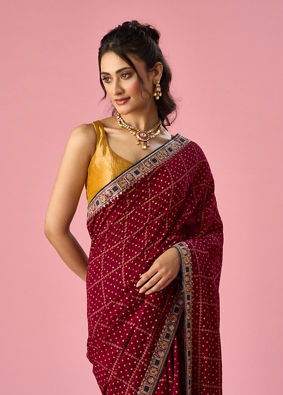 Mohey Women Maroon Art Silk Saree with Stone Work