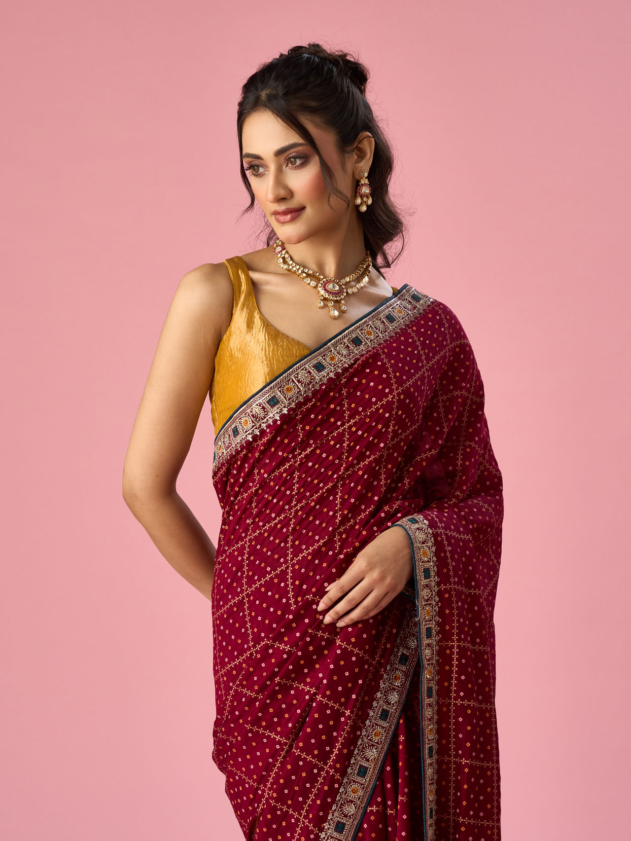 Mohey Women Maroon Art Silk Saree with Stone Work