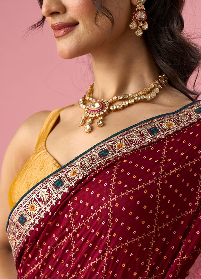 Mohey Women Maroon Art Silk Saree with Stone Work