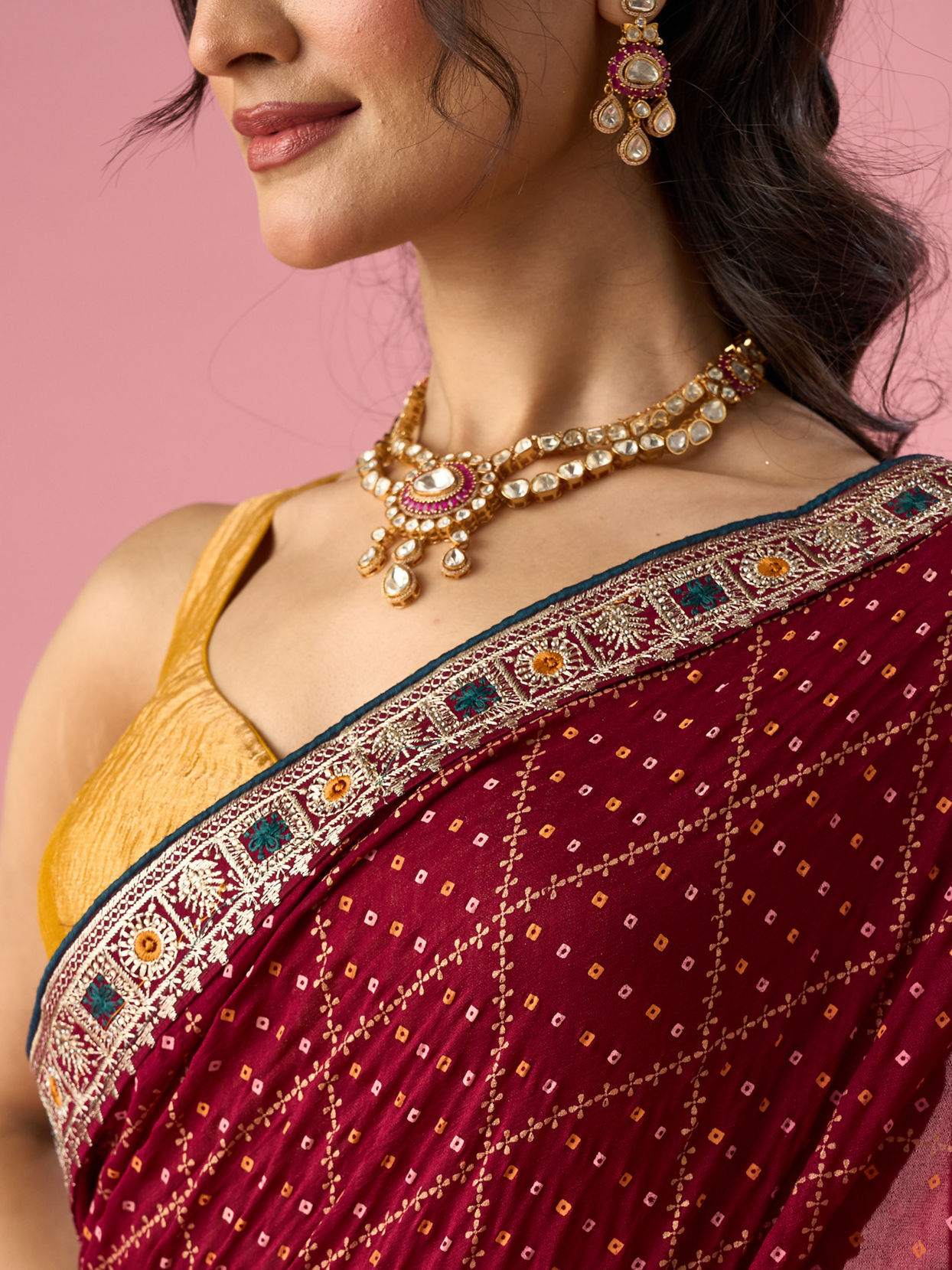 Mohey Women Maroon Art Silk Saree with Stone Work