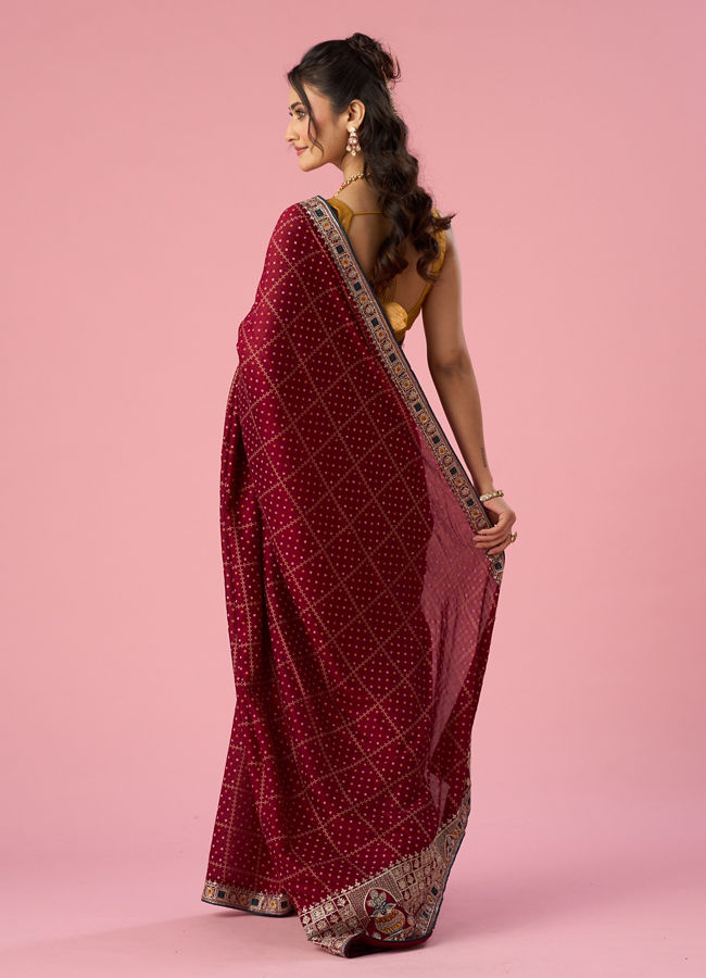 Mohey Women Maroon Silk Saree with Stone Work