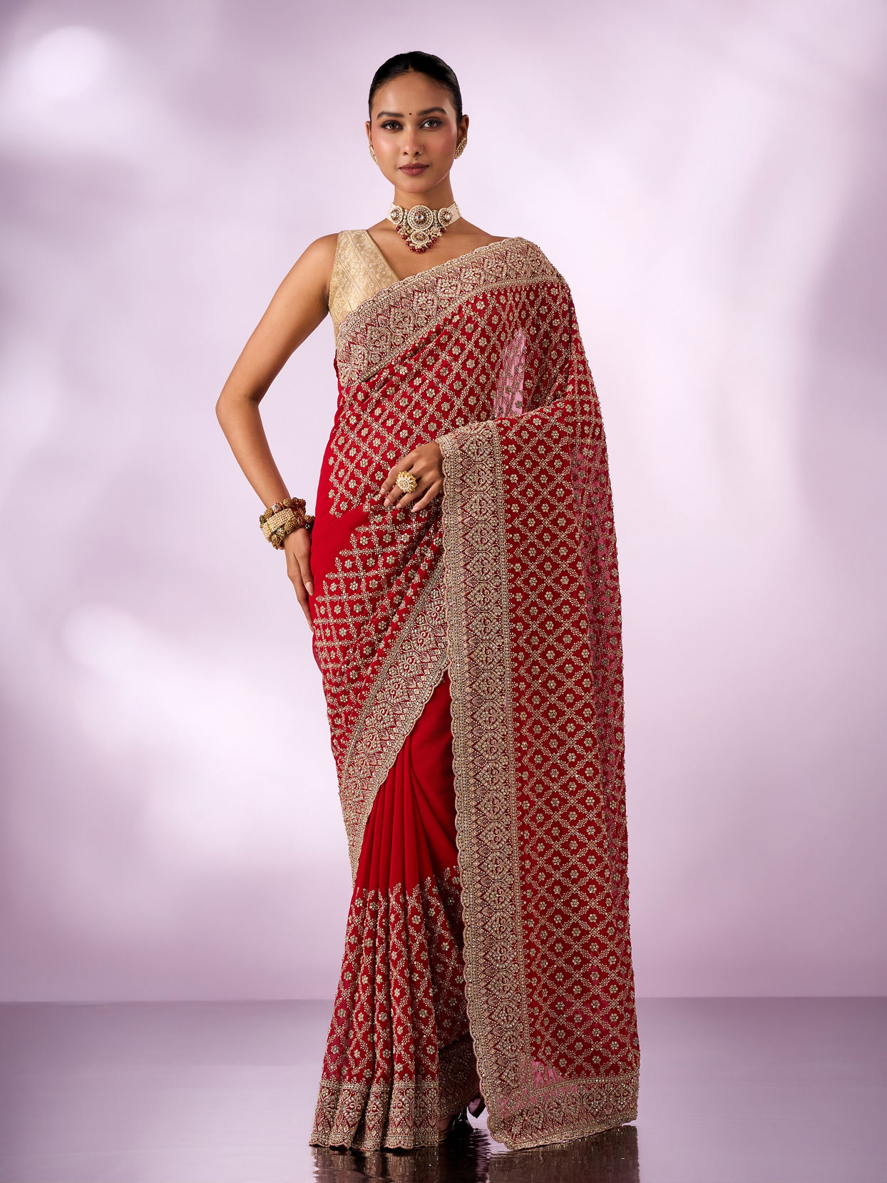 Mohey Women Red Georgette Saree with Stone Work