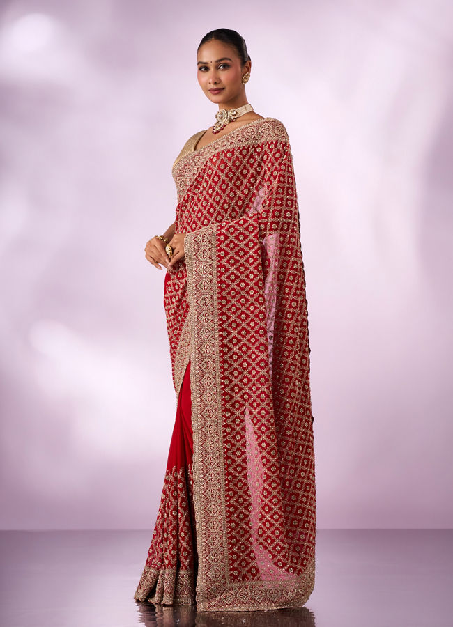 Mohey Women Red Georgette Saree with Stone Work