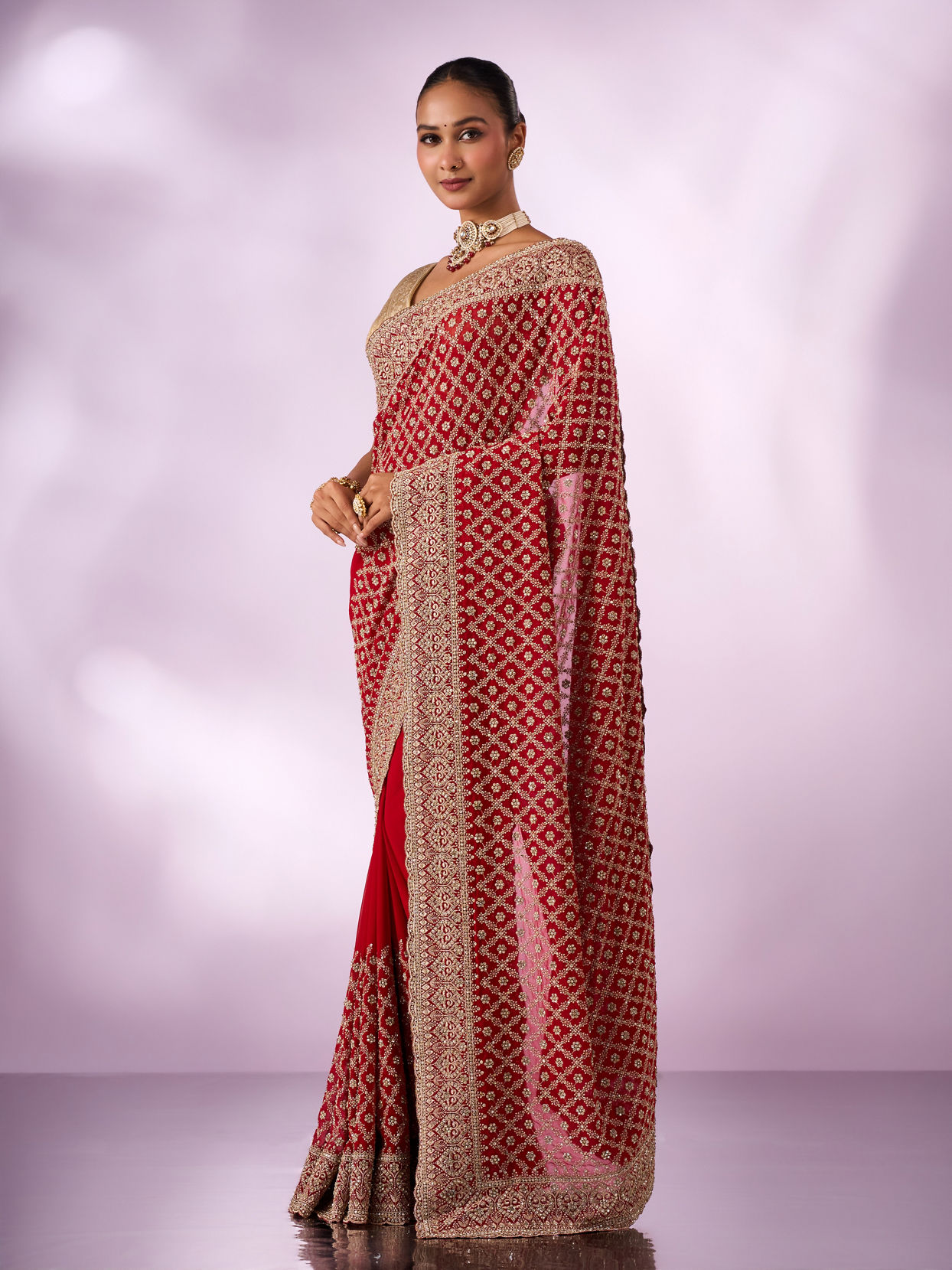 Mohey Women Red Georgette Saree with Stone Work