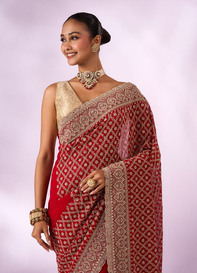 Mohey Women Red Georgette Saree with Stone Work