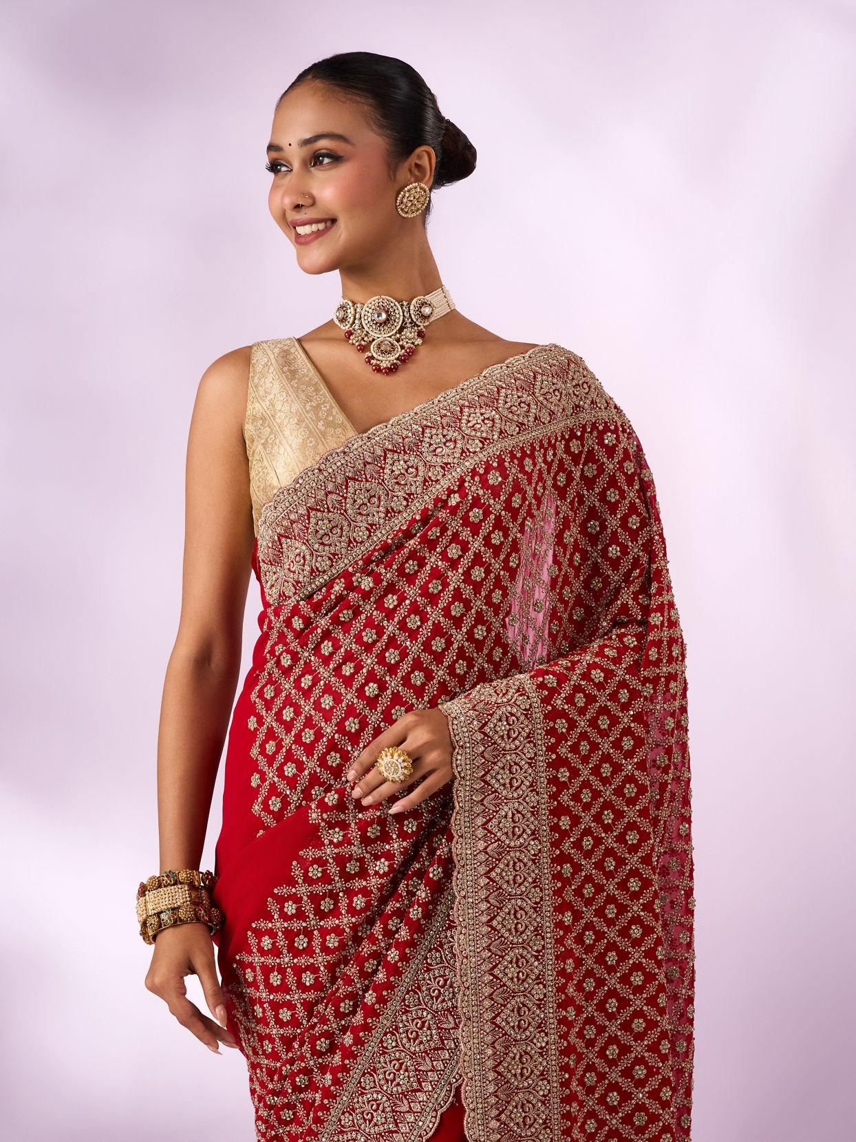 Mohey Women Red Georgette Saree with Stone Work
