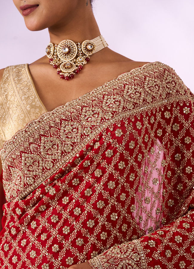 Mohey Women Red Georgette Saree with Stone Work