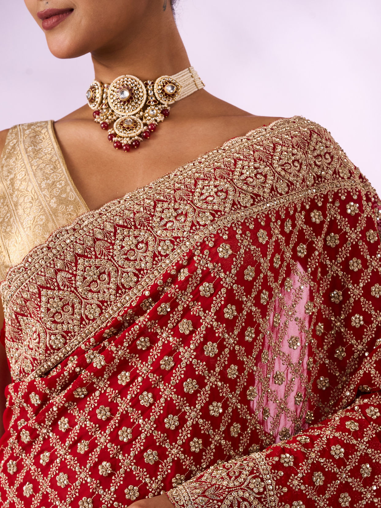 Mohey Women Red Georgette Saree with Stone Work