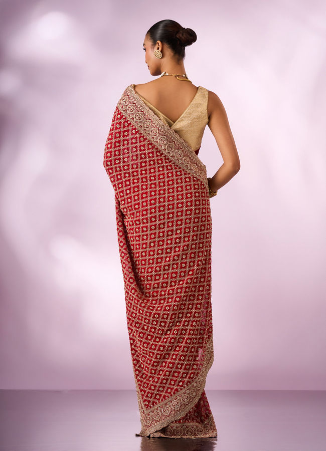 Mohey Women Red Georgette Saree with Stone Work