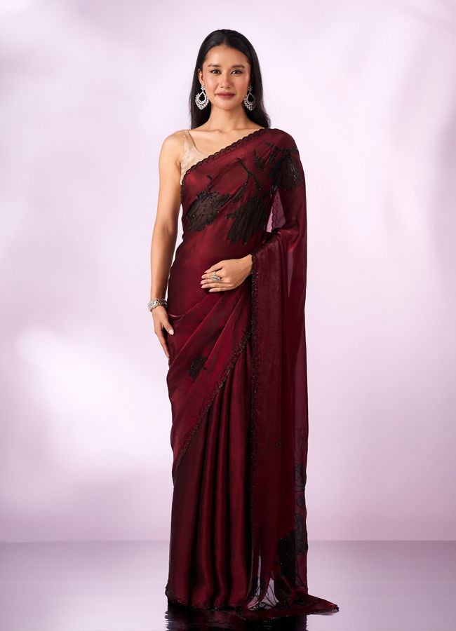 Mohey Women Maroon Organza Printed Saree with Stone Work