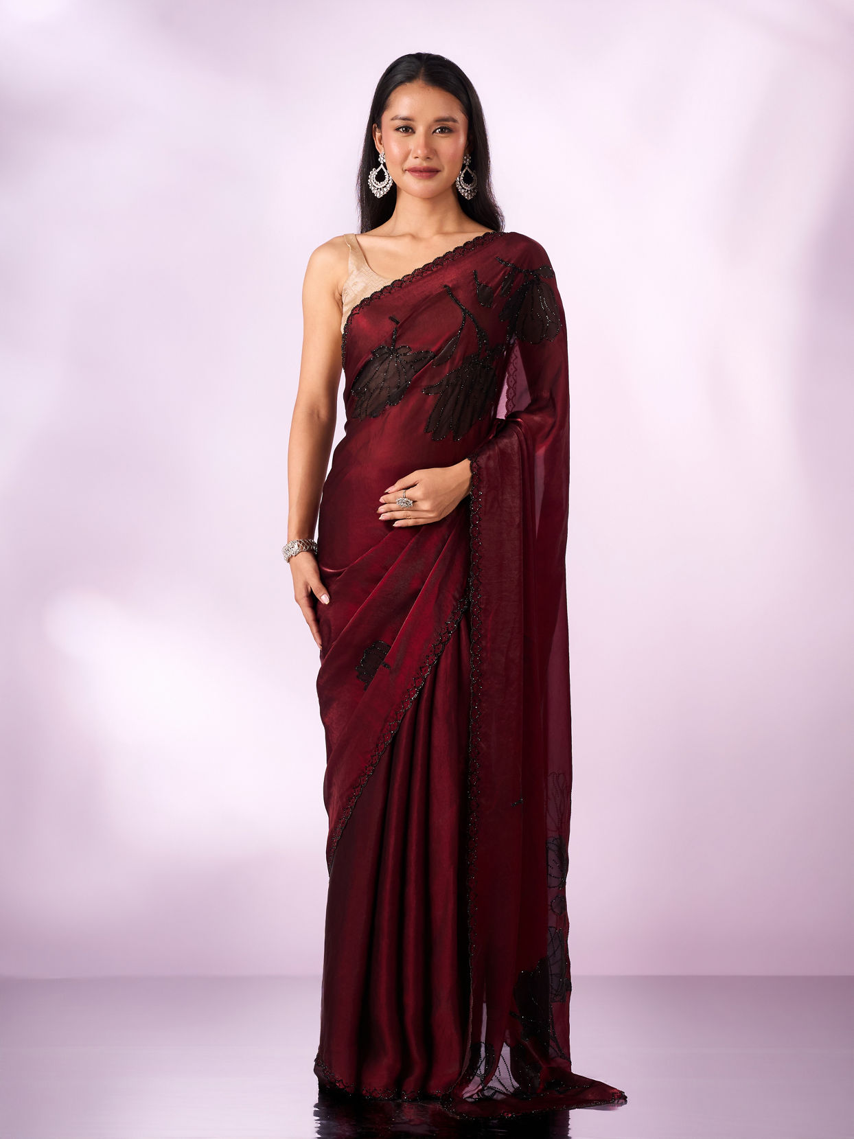 Mohey Women Maroon Organza Printed Saree with Stone Work
