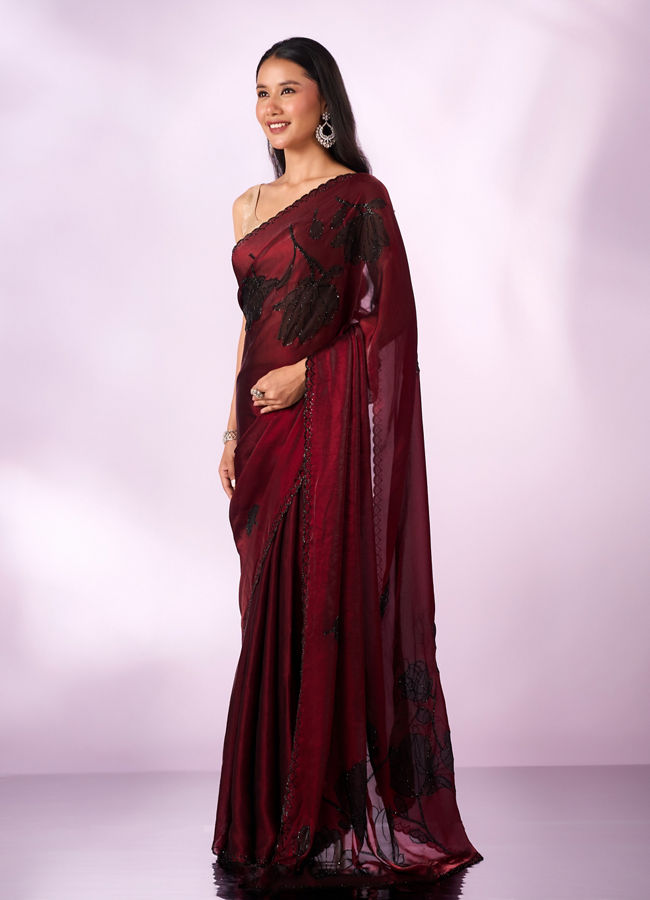 Mohey Women Maroon Organza Printed Saree with Stone Work