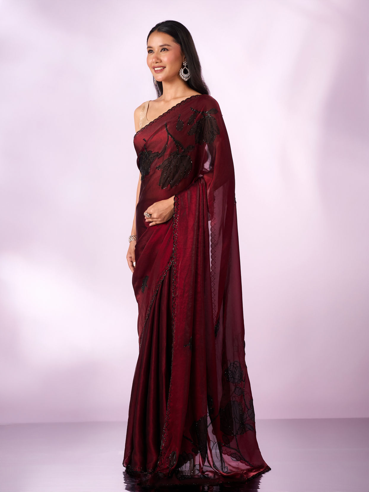 Mohey Women Maroon Organza Printed Saree with Stone Work