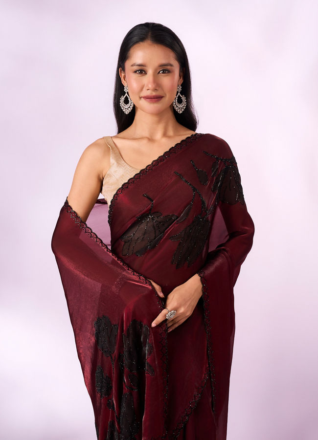 Mohey Women Maroon Organza Printed Saree with Stone Work