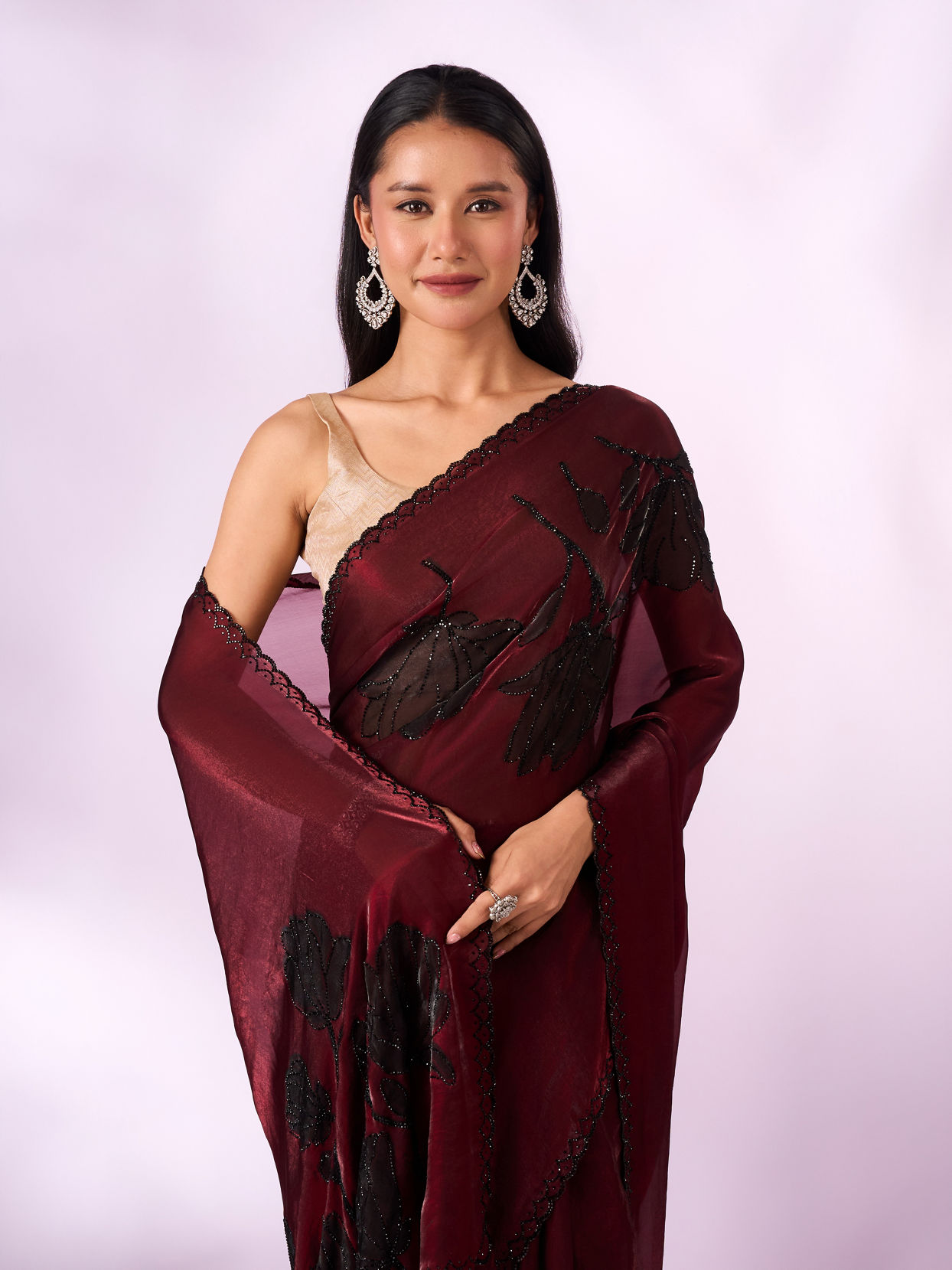 Mohey Women Maroon Organza Printed Saree with Stone Work