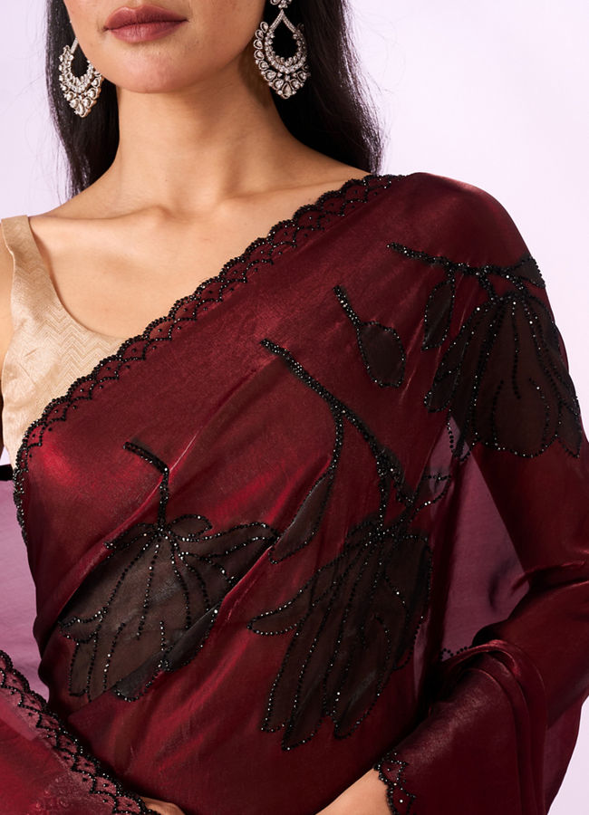 Mohey Women Maroon Organza Printed Saree with Stone Work