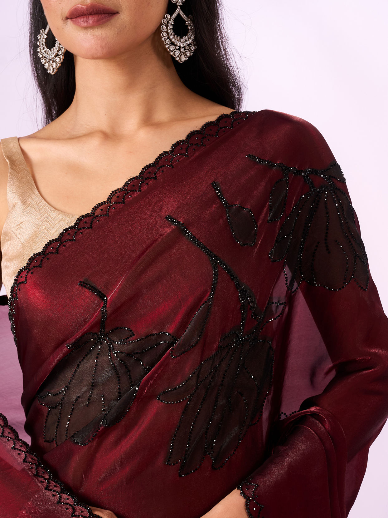 Mohey Women Maroon Organza Printed Saree with Stone Work