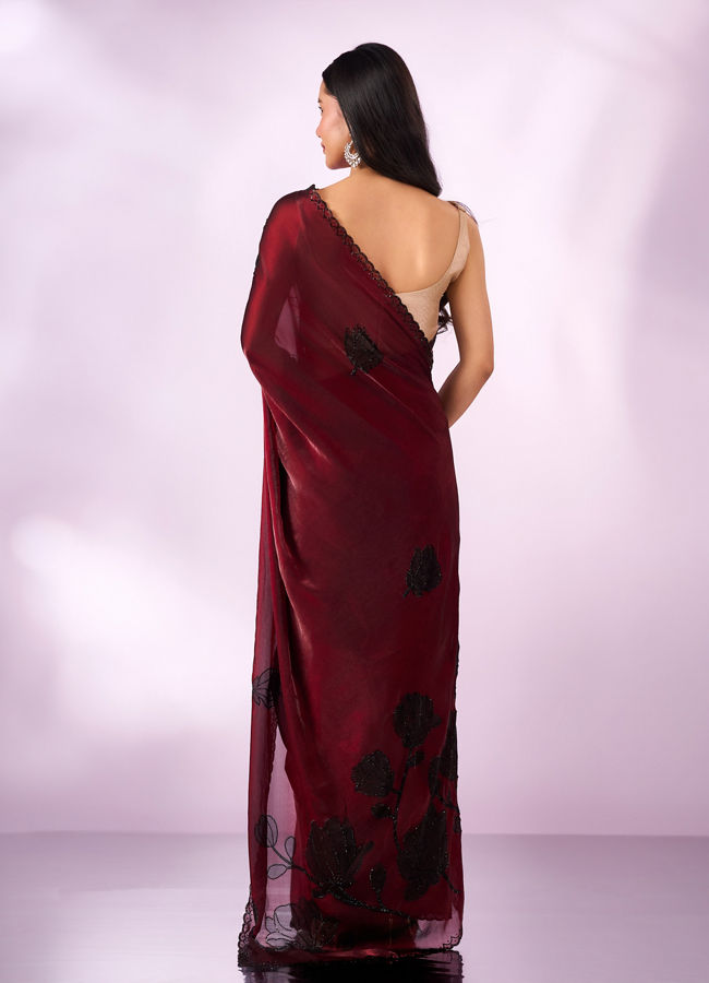 Mohey Women Maroon Organza Printed Saree with Stone Work