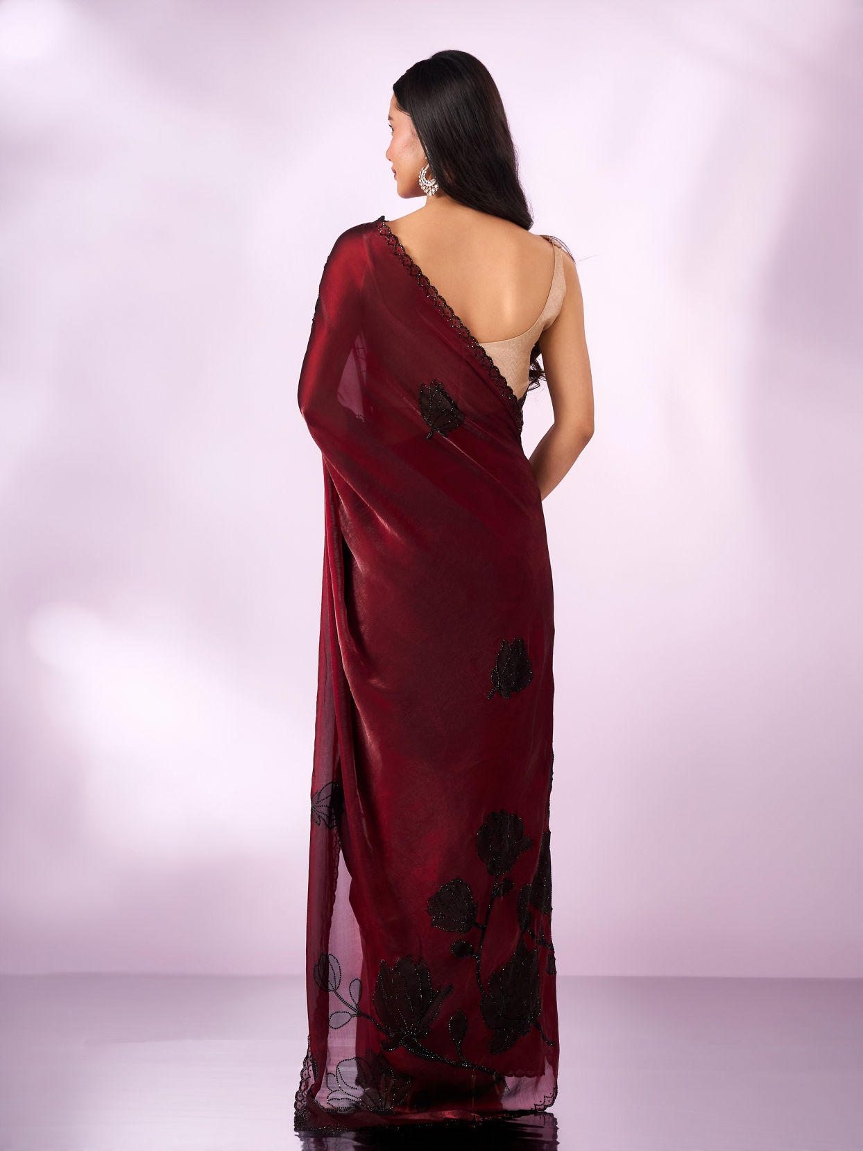 Mohey Women Maroon Organza Printed Saree with Stone Work