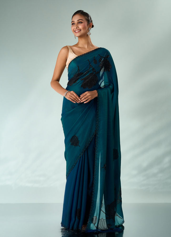 Mohey Women Blue Organza Saree with Print and Stone Work