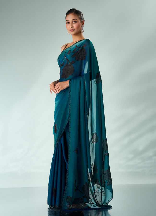 Mohey Women Blue Organza Saree with Print and Stone Work