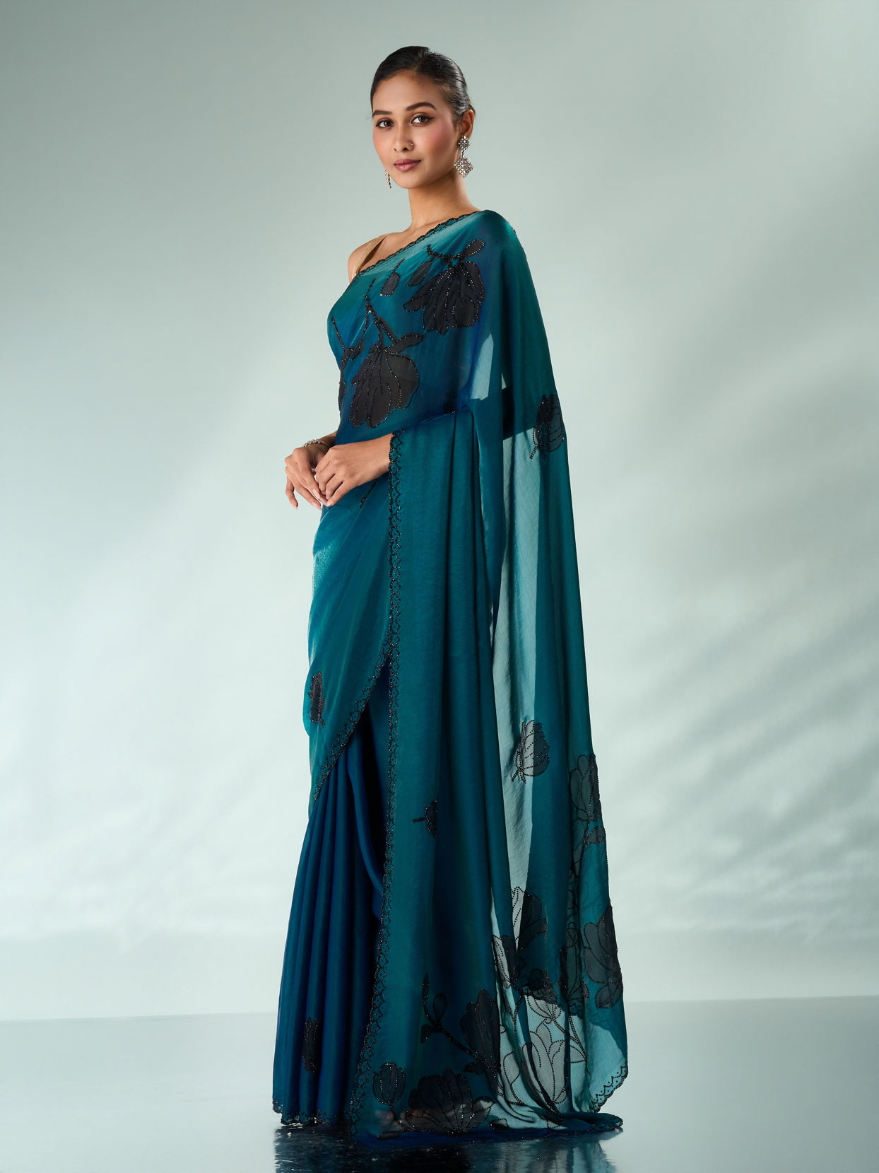 Mohey Women Blue Organza Saree with Print and Stone Work