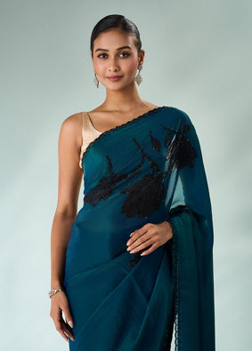Mohey Women Blue Organza Saree with Print and Stone Work