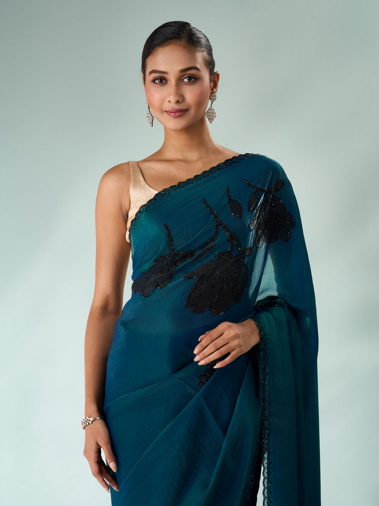 Mohey Women Blue Organza Saree with Print and Stone Work
