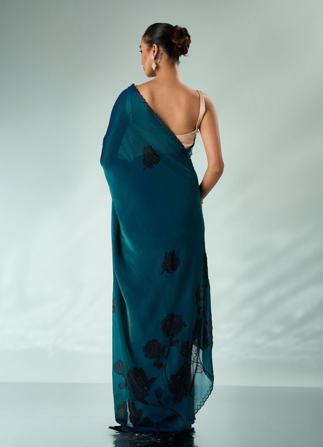 Mohey Women Blue Organza Saree with Print and Stone Work