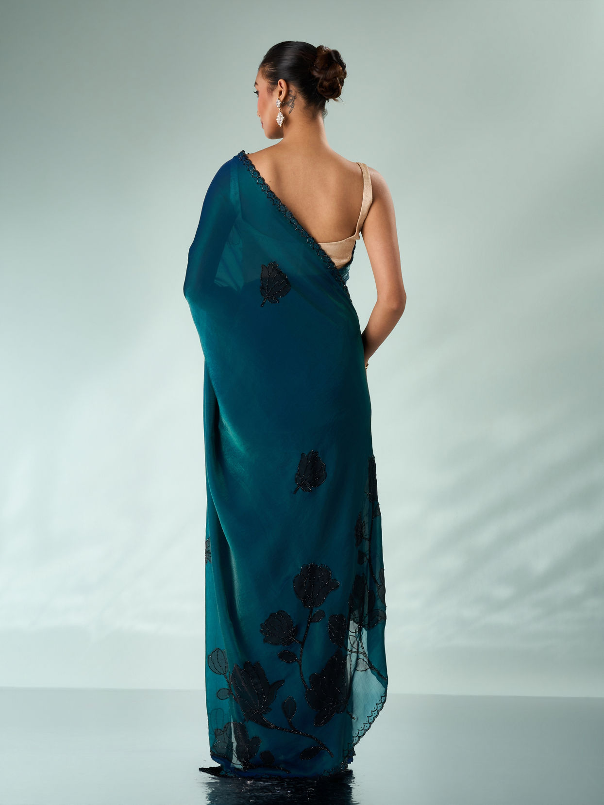 Mohey Women Blue Organza Saree with Print and Stone Work