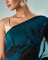 Mohey Women Blue Organza Saree with Print and Stone Work