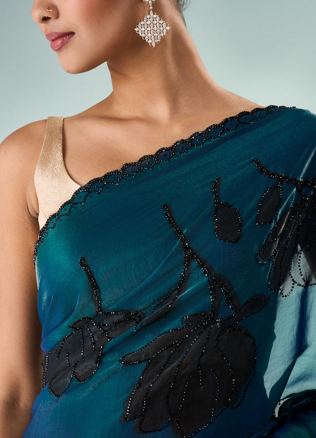 Mohey Women Blue Organza Saree with Print and Stone Work