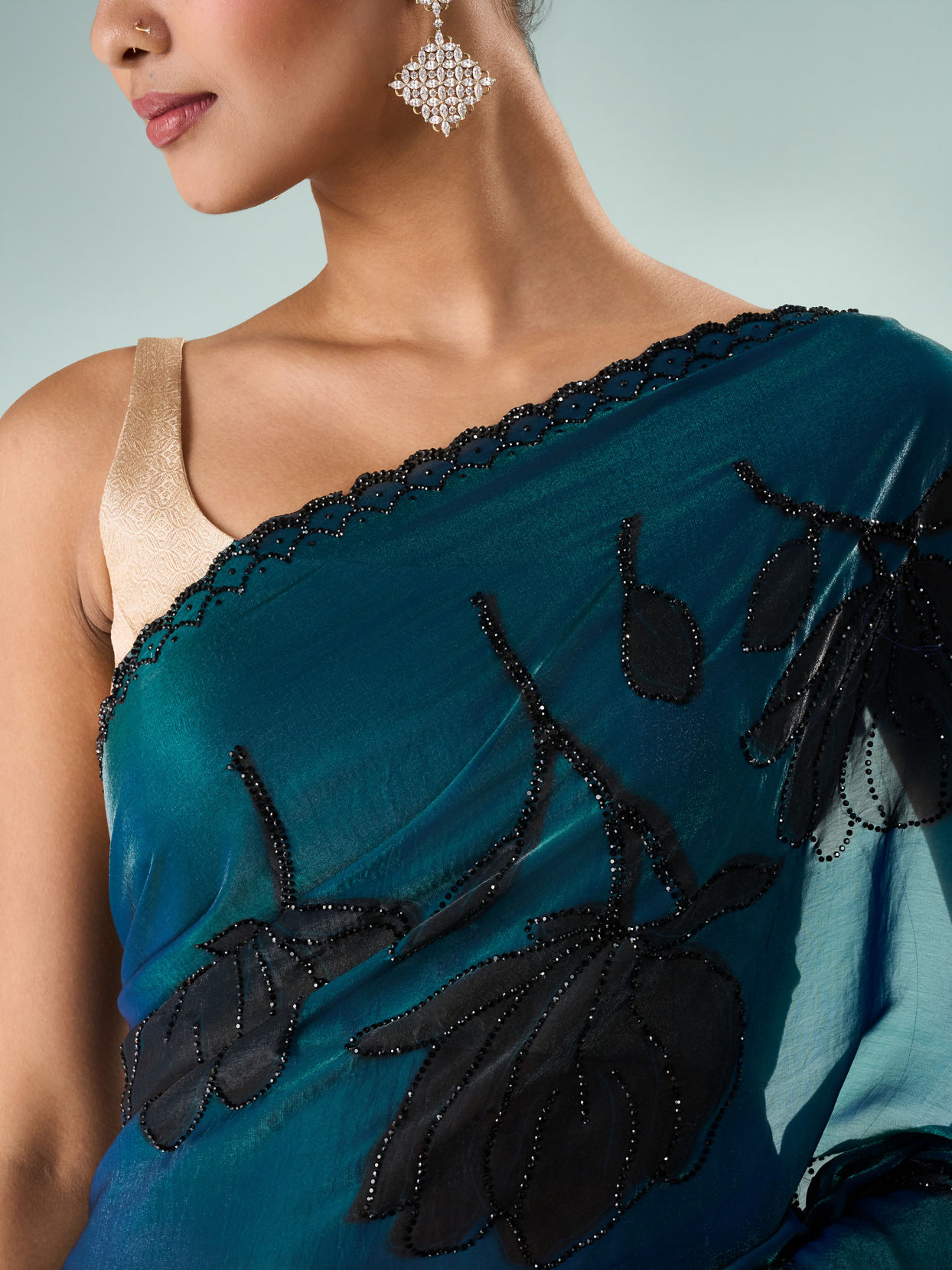 Mohey Women Blue Organza Saree with Print and Stone Work