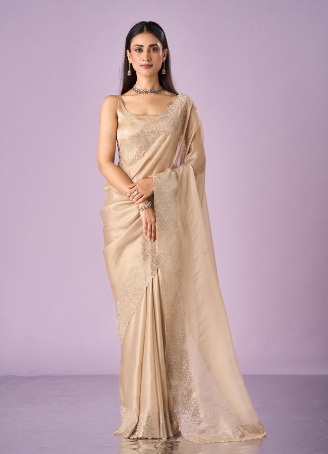 Mohey Women Fawn Organza Saree with Stone Work