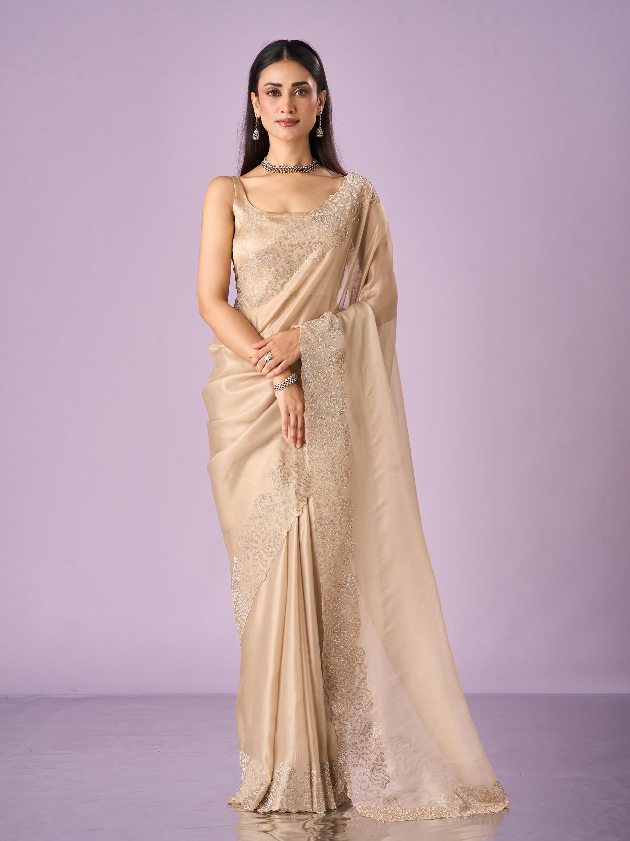 Mohey Women Fawn Organza Saree with Stone Work