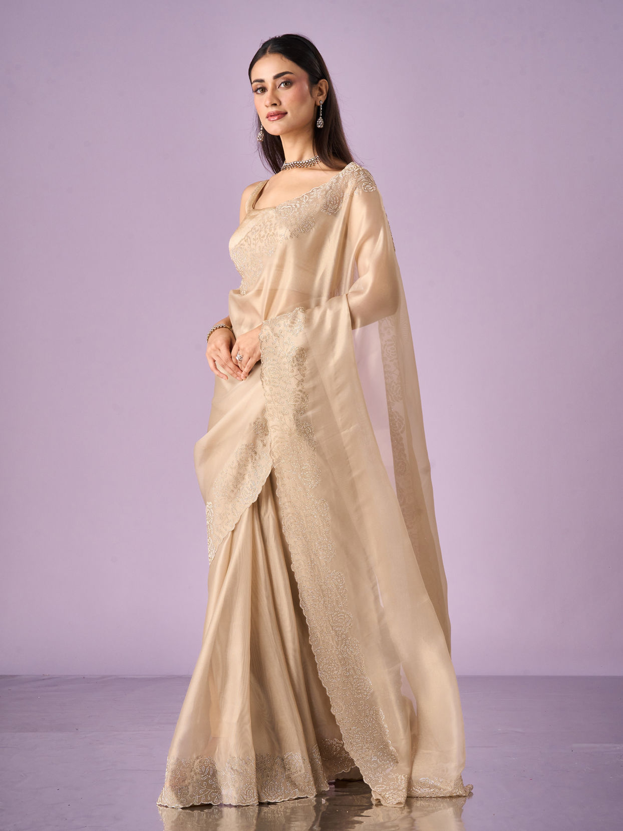 Mohey Women Fawn Organza Saree with Stone Work